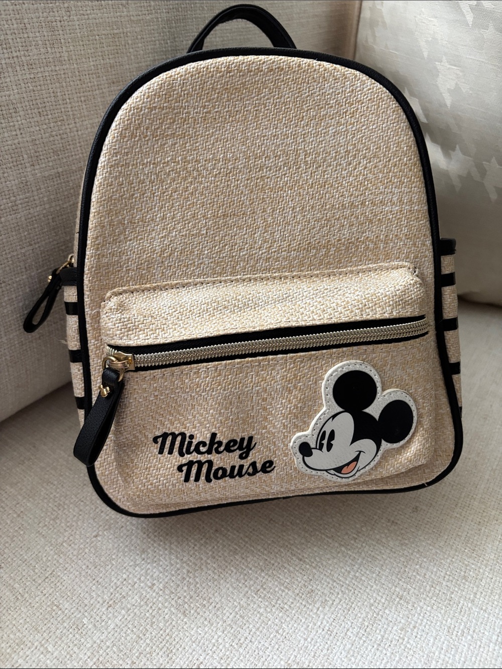 Mickey Mouse Beige Straw Crossbody Bag with Black Trim for kids
